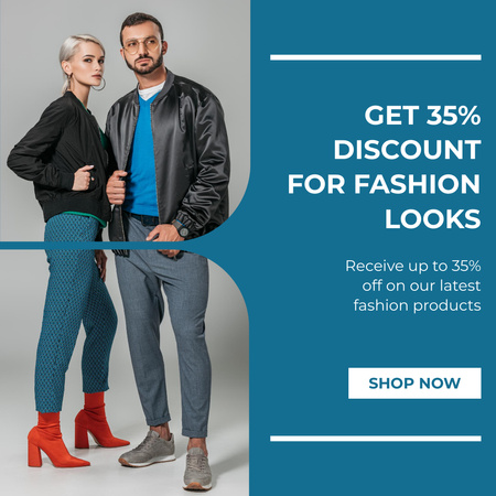 Стильная пара в куртках для рекламы распродажи модной одежды со скидкой Instagram – шаблон для дизайна