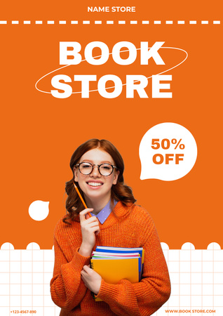Bookstore Ad with Smiling Woman Poster Design Template