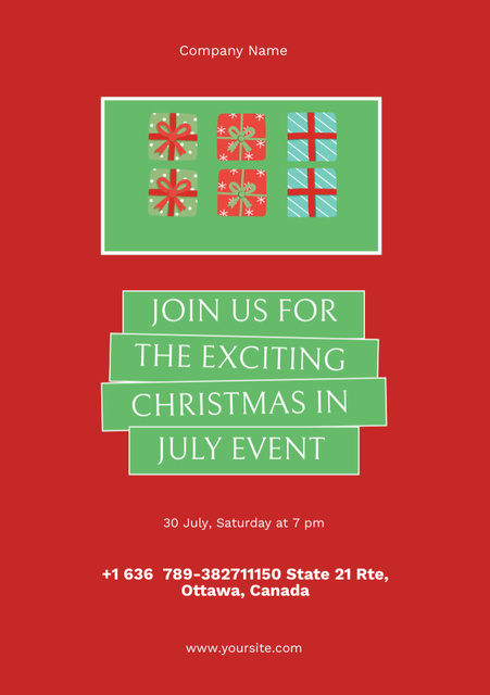 July Christmas Celebration Announcement on Red Postcard A5 Vertical Design Template