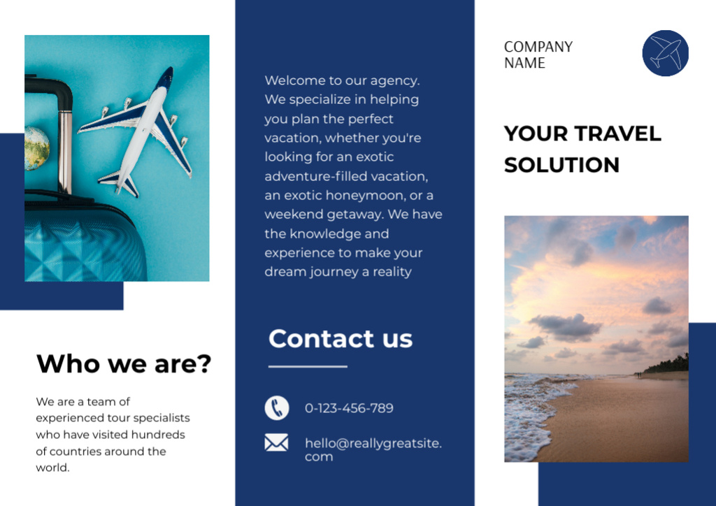 Szablon projektu Travel Solutions Blue Brochure