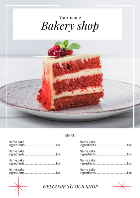 Bakery Shop Price-List with Cake on Plate Menuデザインテンプレート