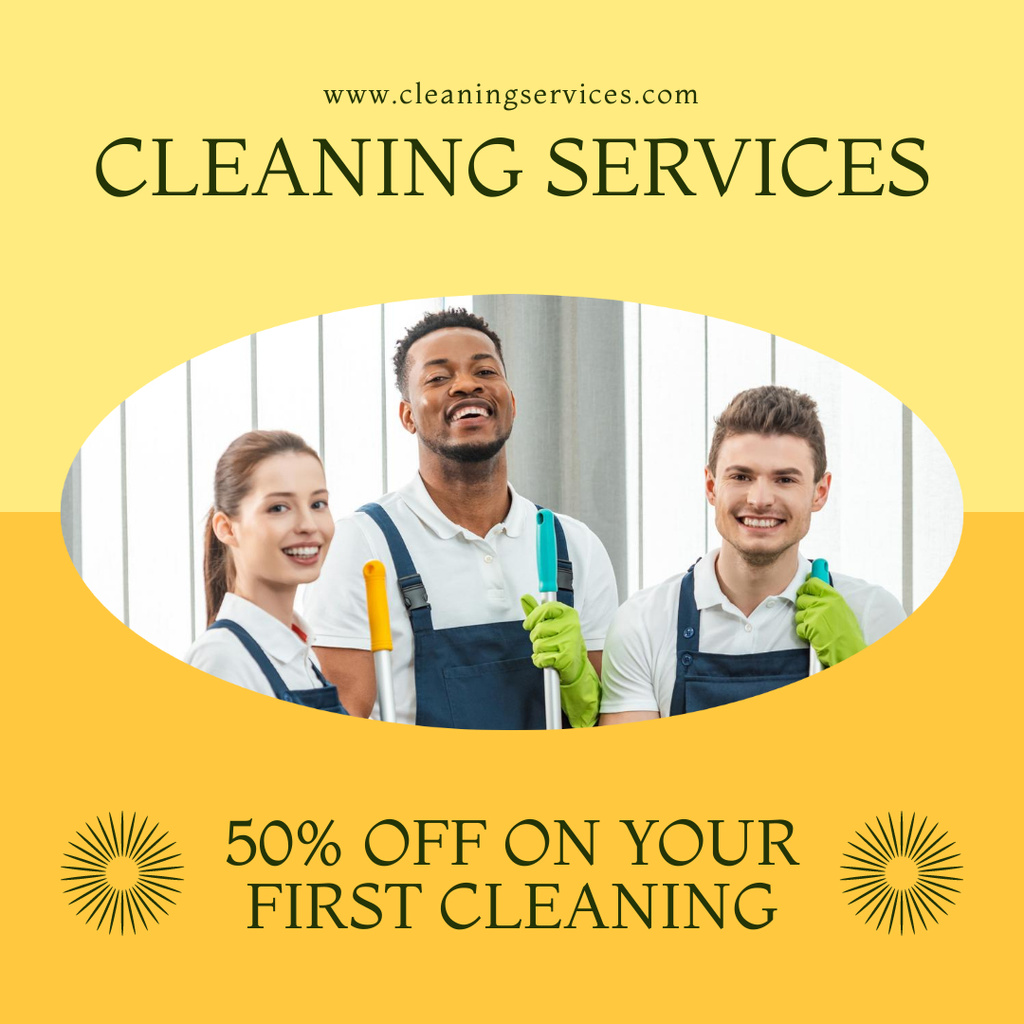 Housework Team with Brooms for Cleaning Services Ad Instagram AD Πρότυπο σχεδίασης