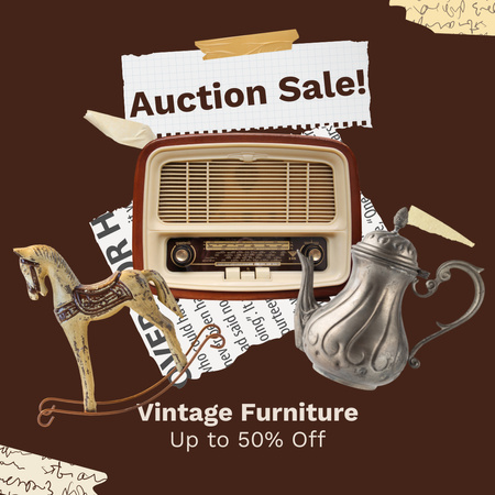 Designvorlage Gut erhaltene Gegenstände und Möbel bei einer Antiquitätenauktion mit Rabatten für Instagram AD