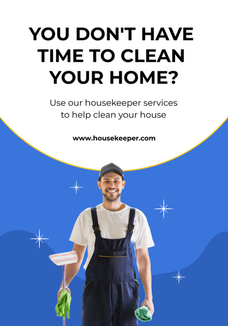 Designvorlage Cleaning Services Offer with Man on Blue für Poster 28x40in