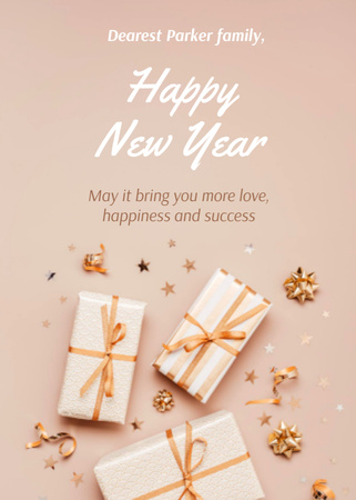 Cute New Year Greeting with Gifts Postcard 5x7in Vertical Design Template