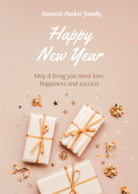 Cute New Year Greeting with Gifts Postcard 5x7in Vertical Modelo de Design