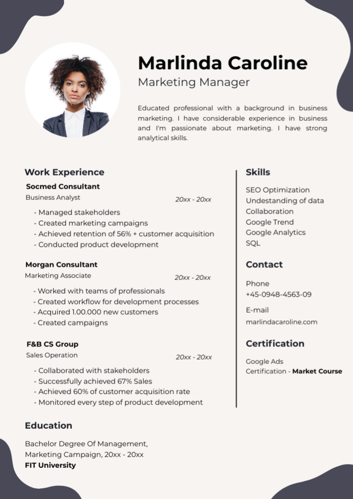 Qualified Marketing Manager Skills and Experience Description Resumeデザインテンプレート