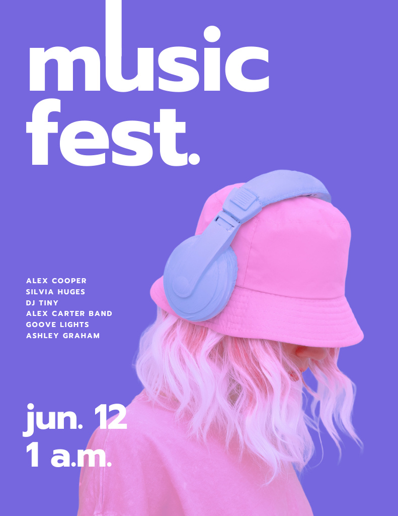 Music Fest Announcement In Purple With Headphones Poster 8.5x11in Modelo de Design
