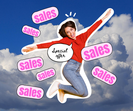 Template di design Sale Announcement with Funny flying Woman Medium Rectangle