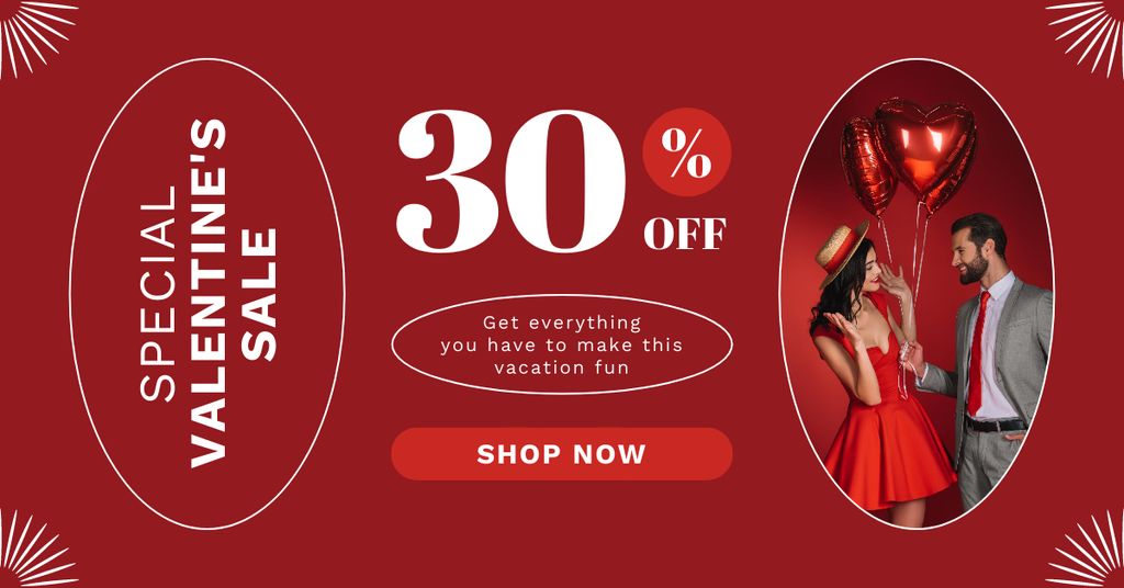 Valentine's Day Sale with Couple with Red Balloons Facebook AD Modelo de Design