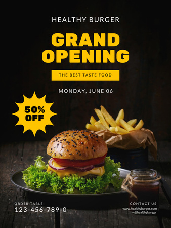 Restaurant Opening Announcement with Delicious Burger Poster US Modelo de Design