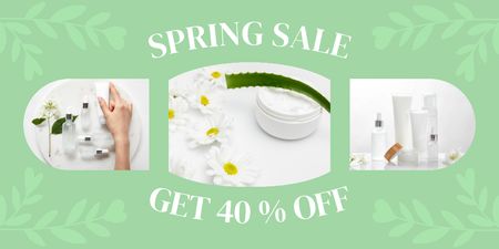 Designvorlage Collage mit Frühlingsverkaufs-Hautpflegekosmetik in Grün für Twitter