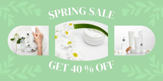 Ontwerpsjabloon van Twitter van Collage with Spring Sale Skin Care Cosmetics In Green