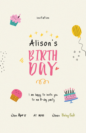 Designvorlage Birthday Party Announcement with Cakes and Balloons für Invitation 5.5x8.5in