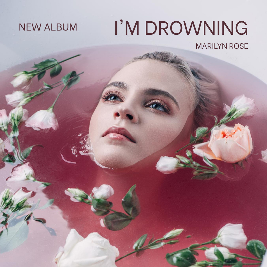 Music release with woman lying in floral water Album Cover Tasarım Şablonu
