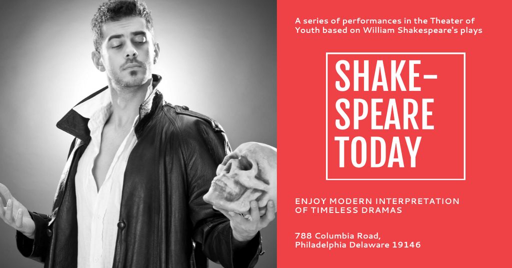 Ontwerpsjabloon van Facebook AD van Shakespeare's performances with Actor holding Skull