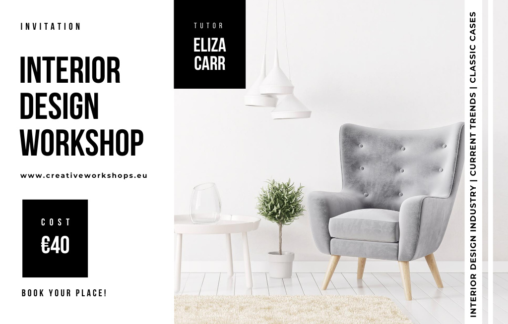 Plantilla de diseño de Interior Workshop With Grey Armchair in Living Room Invitation 4.6x7.2in Horizontal 