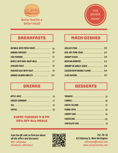 Diner Dishes and Drinks Plain Retro Menu 8.5x11in Design Template