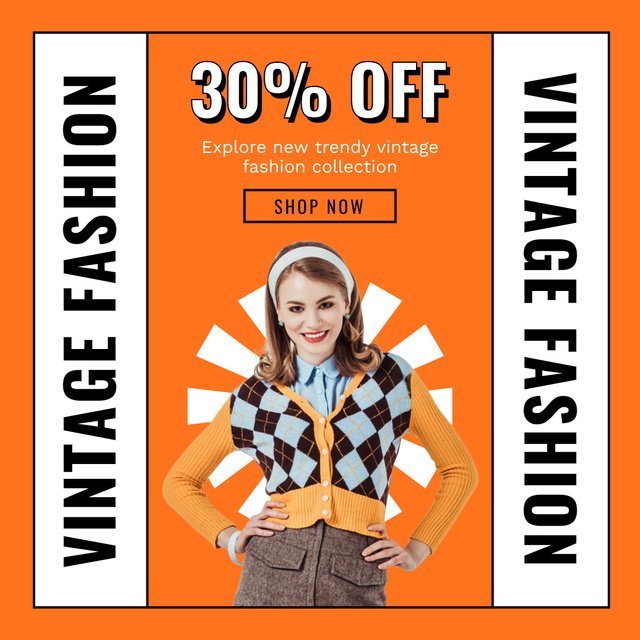 Preppy style retro woman on orange Instagram AD Design Template