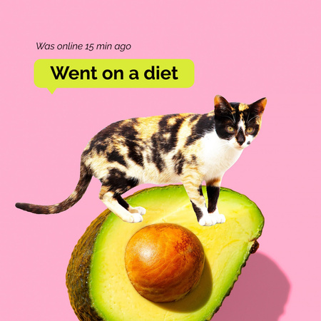 Funny Illustration of Cat sitting on Huge Avocado Instagram Design Template