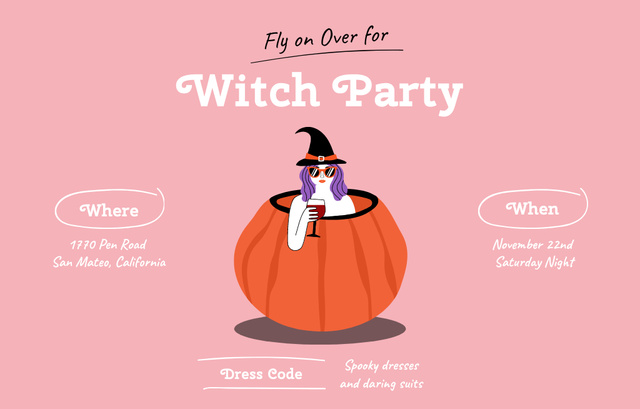 Witch Tea Party Announcement With Witch In Pumpkin Invitation 4.6x7.2in Horizontal Design Template