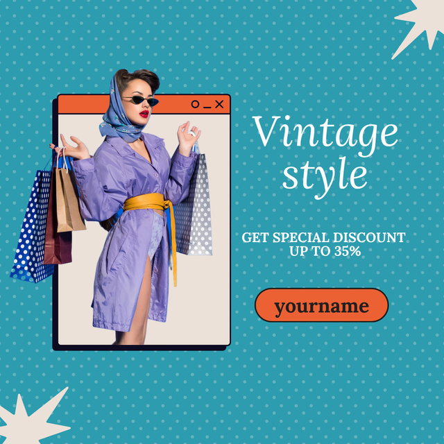 Vintage style woman on blue dotted Instagram AD Design Template