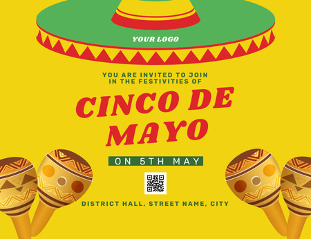 Plantilla de diseño de Cinco de Mayo Con Sombrero Y Maracas Invitation 13.9x10.7cm Horizontal 