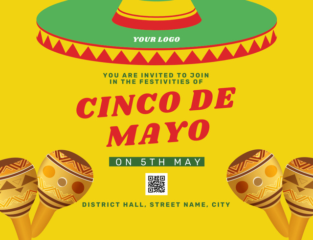 Cinco de Mayo With Sombrero And Maracas Invitation 13.9x10.7cm Horizontalデザインテンプレート