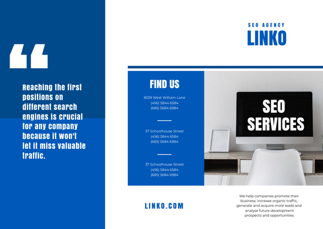 SEO Services Offer on Monitor Screen Brochure Modelo de Design