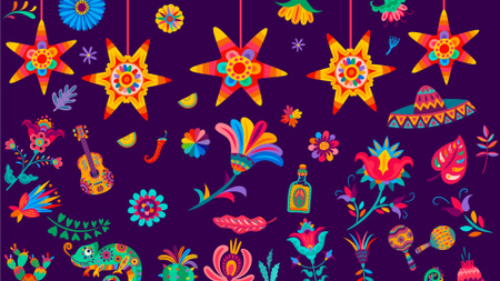 Värikäs tekstuuri symboleilla kansalliselle latinalaisamerikkalaiselle perintökuukaudelle Zoom Background Design Template