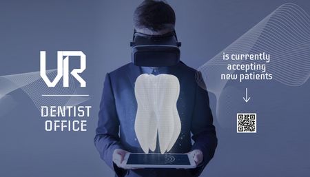 Platilla de diseño Man Wearing Virtual Reality Glasses Looking at Tooth Business Card US