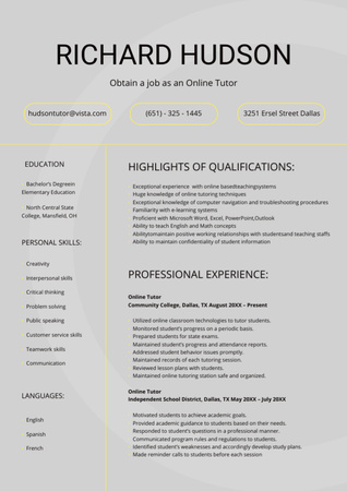 Online Tutor Skills and Experience on Grey Resume Design Template