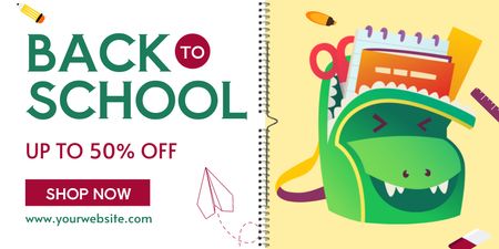 School Sale with Cute Cartoon Backpack Twitter Design Template