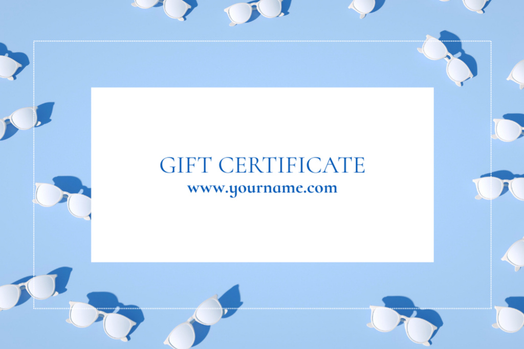 Plantilla de diseño de Special Offer with Sunglasses in Blue Gift Certificate 