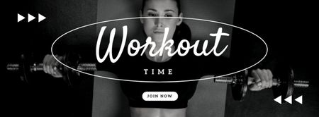 Designvorlage Fitnessstudio-Werbung mit einer Frau, die mit Hanteln trainiert für Facebook cover