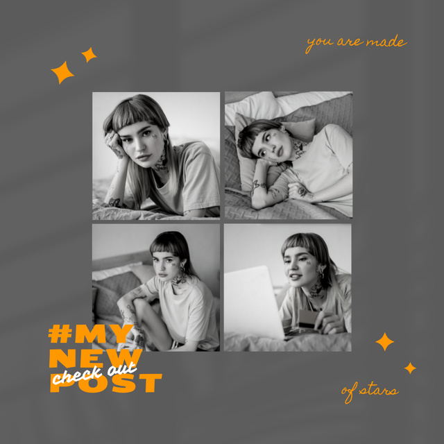 Designvorlage Black and White Collage with Women's New Post für Instagram