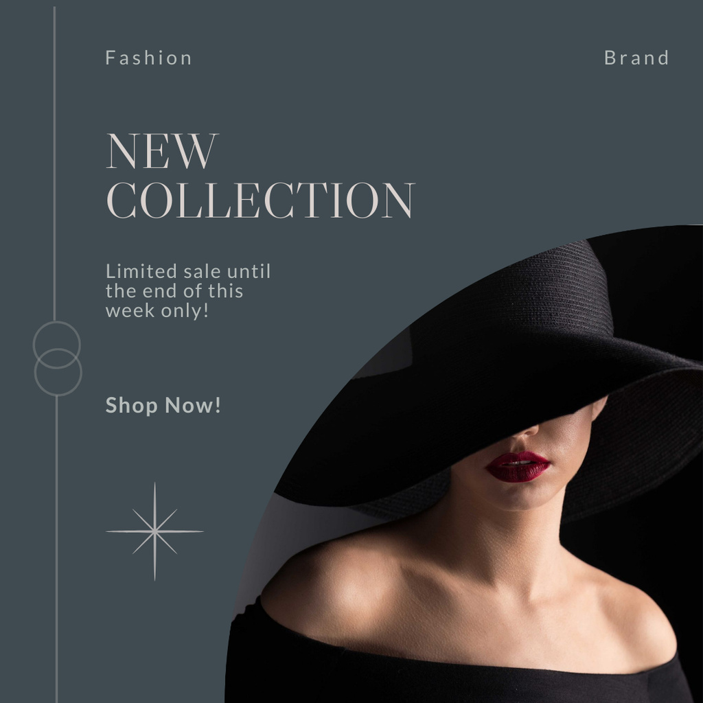 Elegant Woman in Black Hat for New Fashion Collection Announcement  Instagramデザインテンプレート