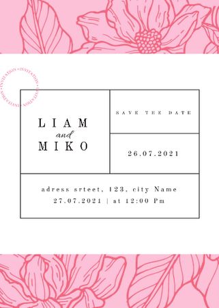 Wedding Announcement with Pink Flowers Illustration Invitation Modelo de Design