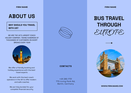 Bus Travel by Europe on Blue Brochure Design Template