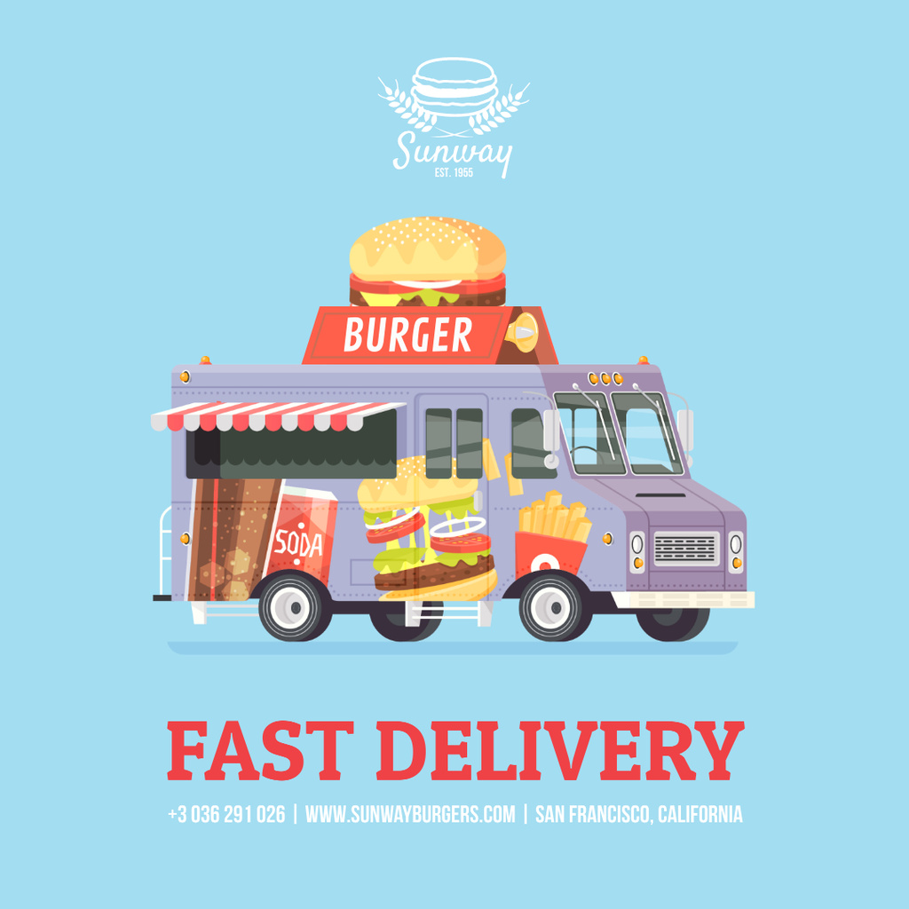Food Delivery Van with Burger Instagram AD Design Template
