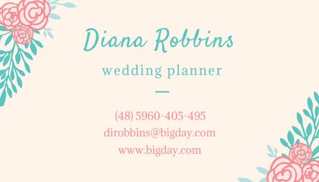 Designvorlage Kontakte des Hochzeitsplaners mit Rosen für Business Card US