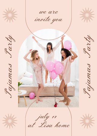 Pajama Party Announcement with Cheerful Young Women Invitation Design Template