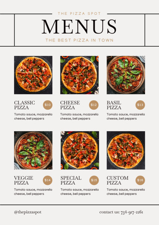 Colagem com diferentes tipos de pizza apetitosa Menu Modelo de Design