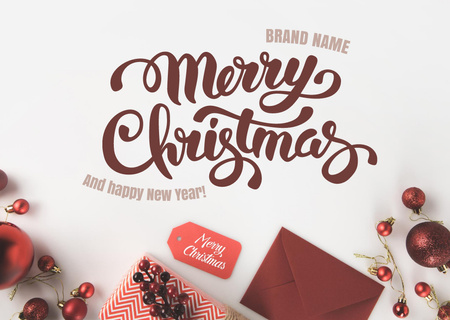 Ontwerpsjabloon van Postcard van Harmonieuze kerst- en gelukkig nieuwjaarsgroet met kerstballen