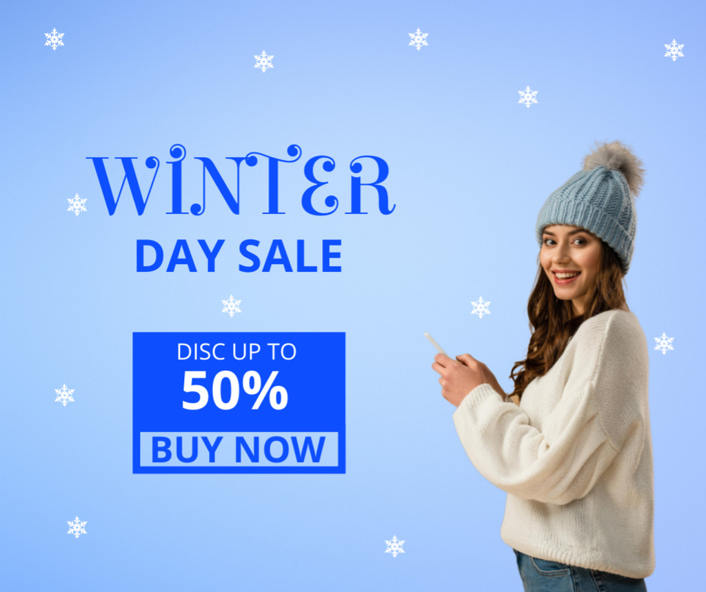 Modèle de visuel Winter Sale Day Announcement with Young Woman in Cozy Sweater and Hat - Facebook