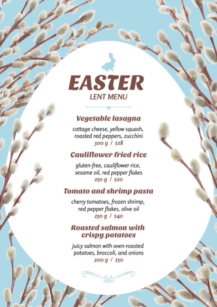 Easter Meals Offer with Tender Pussy Willow Twigs Menu Šablona návrhu