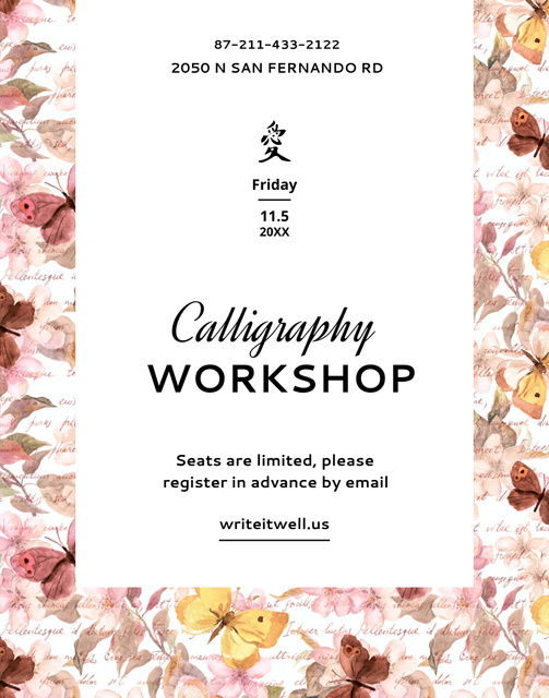 Modèle de visuel Calligraphy Course Announcement with Retro Watercolor Illustration - Poster 22x28in