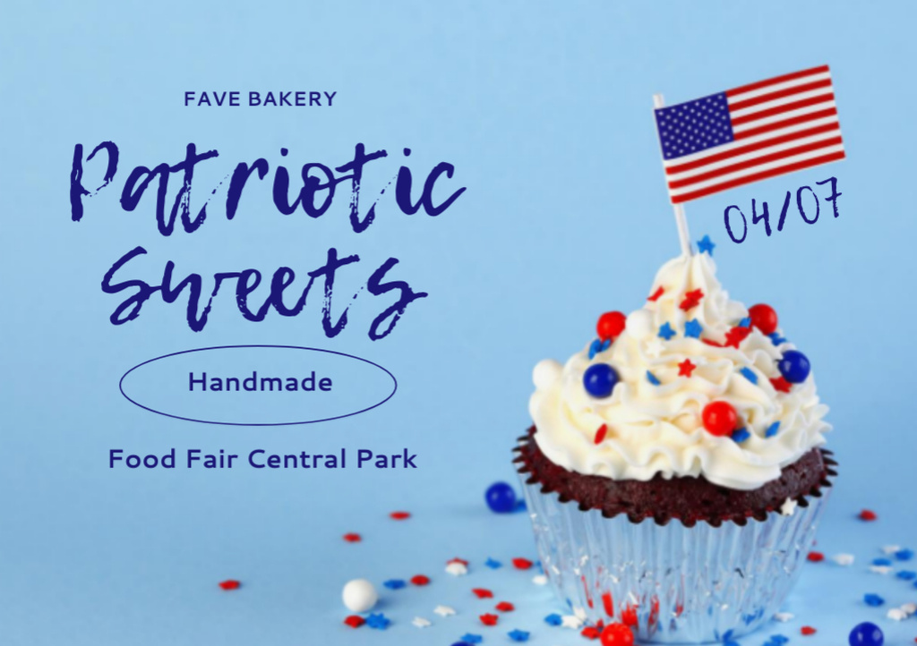 USA Independence Day Food Fair with Yummy Cupcake Flyer A5 Horizontal Modelo de Design