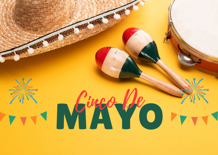 Cinco de Mayo Greeting with Maracas and Tambourine Postcard 5x7in Design Template