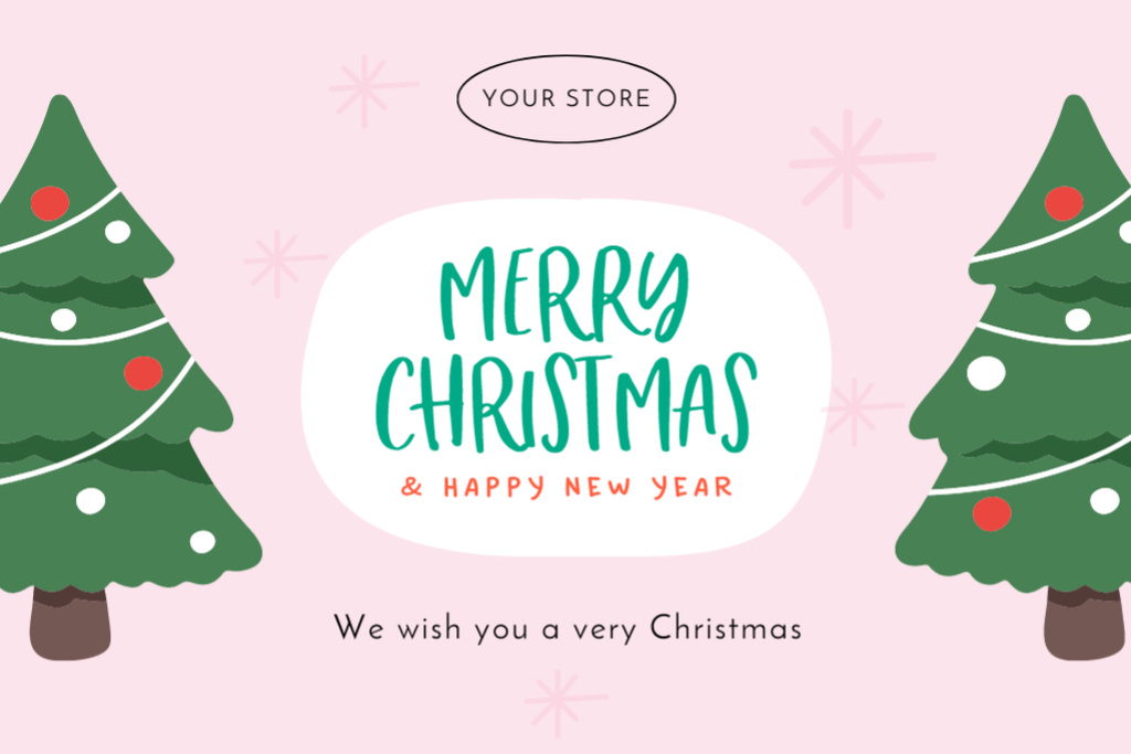 Platilla de diseño Christmas and New Year Cheers with Trees on Pink Postcard 4x6in